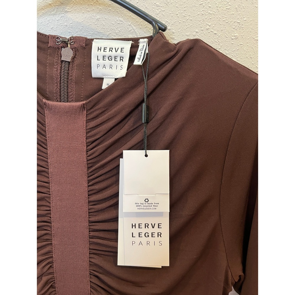 Herve Leger Paris Brown Ruched Long Sleeve Bandage Top NWT Size M - Picture 2 of 4